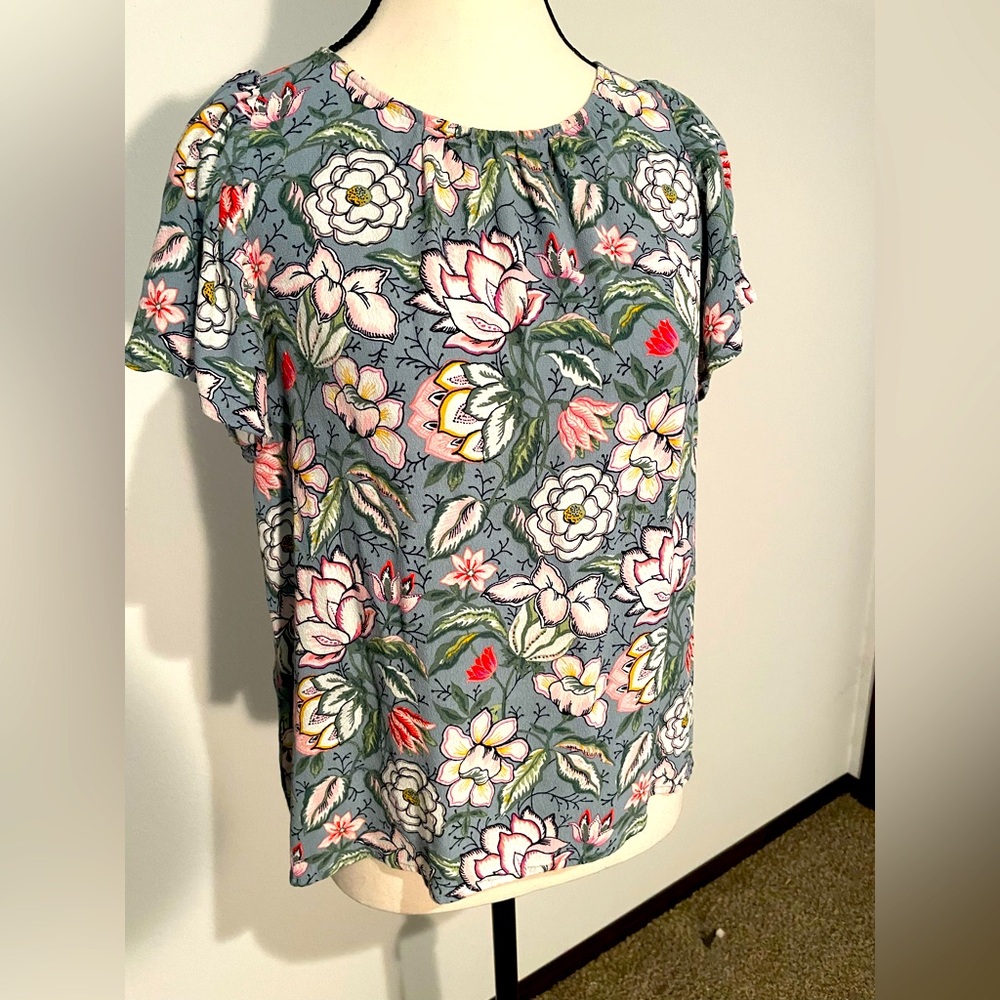 LOFT Green and Blue Flutter Sleeve Blouse Relaxed Fit